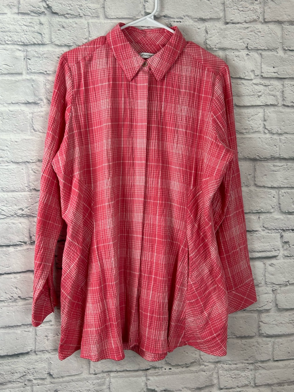 Foxcroft NYC Pink Plaid Tunic Shirt Women’s Size 12 Long Sleeve